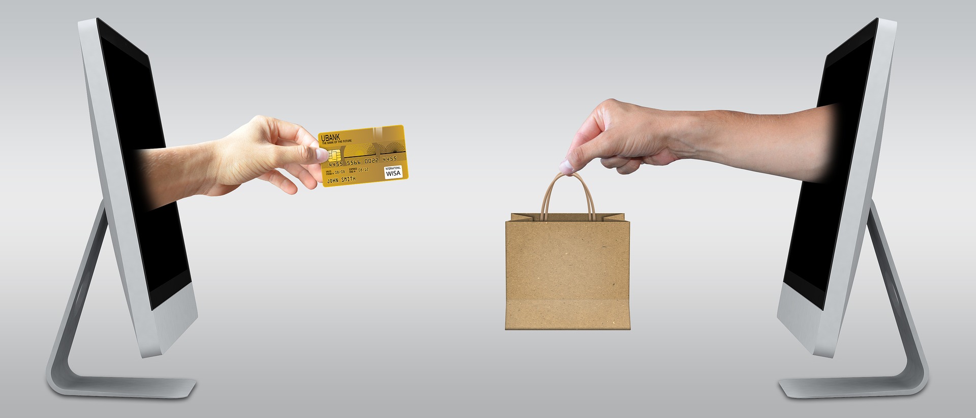 Online shopping concept: a credit card passed through one screen and a shopping bag received on another