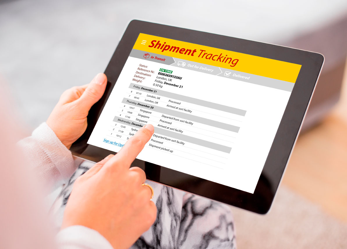Hand using a tablet that shows a shipment tracking page